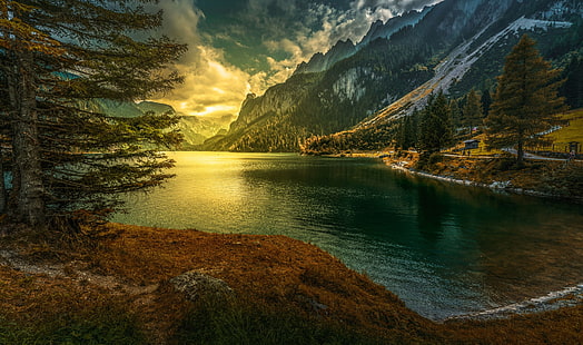 árvore verde, pôr do sol, montanhas, lago, Áustria, Alpes, Gosau, Vorderer Gosausee, Lago Gosau, Lago Gosau, HD papel de parede HD wallpaper