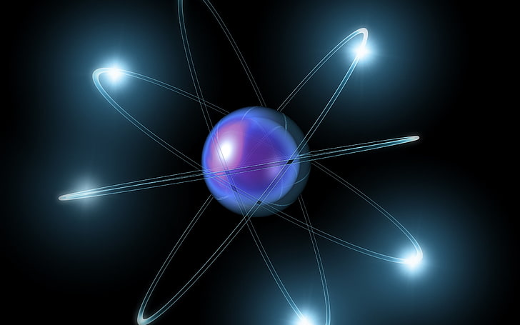 blå atomillustration, ljus, vetenskap, omlopp, kemi, fysik, atom, elektron, HD tapet