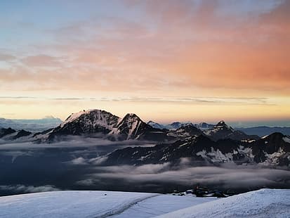 Monte Elbrus, montanhas, nuvens, pôr do sol, névoa, pico nevado, HD papel de parede HD wallpaper