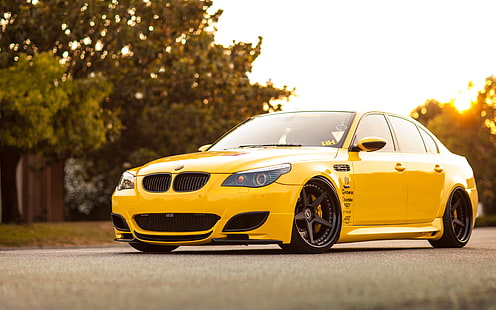 รถเก๋ง BMW สีเหลือง, รถยนต์, การปรับแต่ง, BMW, bmw m5, เปลี่ยน, e60, วอลเปเปอร์ hq, วอลล์เปเปอร์ HD HD wallpaper