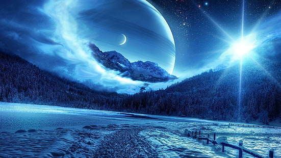 sztuka fantasy, wyobraźnia, planeta, przestrzeń, krajobraz, zima, Tapety HD HD wallpaper