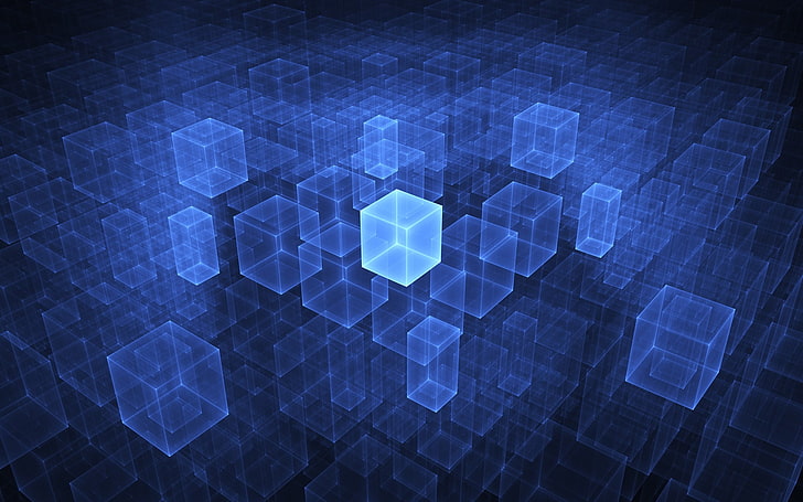 синий 3D размер, абстракция, куб, 3D, HD обои