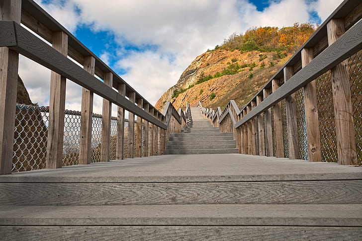 brown wooden bridge through mountain during daytime, sideling hill, sideling hill, Sideling Hill, Stairway, HDR, wooden bridge, mountain, daytime, sideling  hill, stairs, stairwell, staircase, steps, passage, passageway, architecture, planks, wood, texture, background, scene, scenic, scenery, trees, foliage, appalachian, alleghany, appalachians, maryland, usa, united  states, america, american, sky, cloud, clouds, outside, outdoor, outdoors, travel, tourism, touristic, beauty, beautiful, lines, wide  angle, wide-angle, blue, cyan, brown, orange, red  green, black  white, color, colors, colour, colours, colorful, stock, resource, image, picture, ca, nature, HD wallpaper