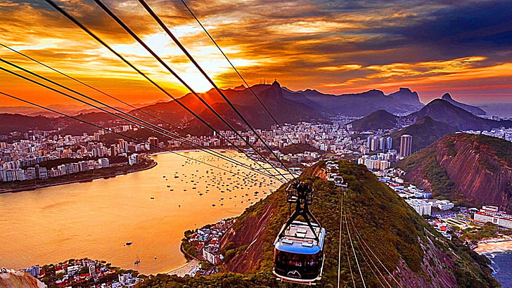 sockertoppberg, berg, skymning, gryning, horisont, stad, linbana, kväll, turism, copacabana, turistattraktion, himmel, stadsbild, solnedgång, sockertopp, bergbana, Rio de Janeiro, HD tapet