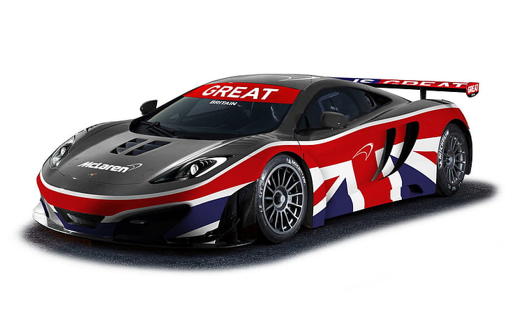 2013 McLaren MP4 12C Enhanced Studio、黒赤白青英国フラグをテーマにしたレースカー、スタジオ、マクラーレン、2013、強化、車、 HDデスクトップの壁紙