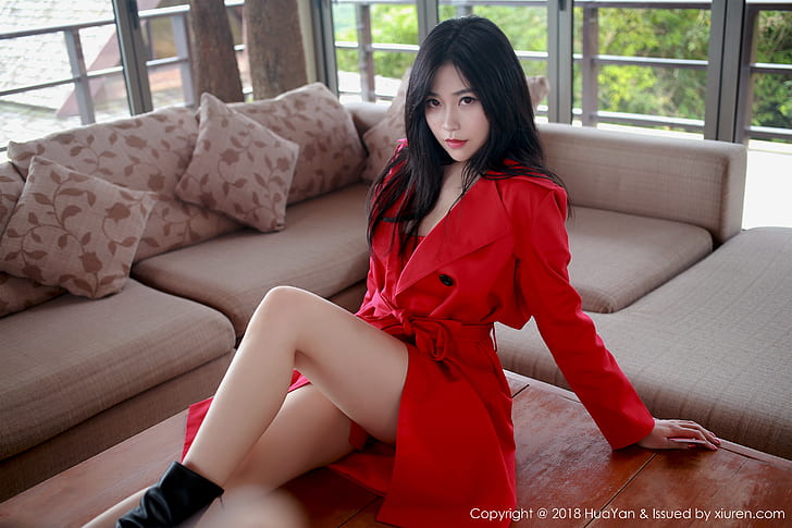 red dress, Asian, legs, women indoors, looking at viewer, leaned back, Xiuren, trench coat, red coat, coats, HD wallpaper