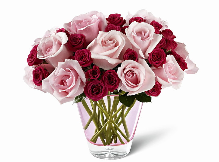 fleurs roses et rouges roses, roses, fleurs, différentes, bouquet, vase, Fond d'écran HD