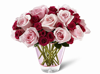 розовые и красные розы цветы, розы, цветы, разные, букет, ваза, HD обои HD wallpaper