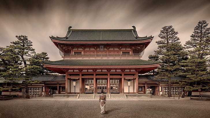 pagoda, kobieta, Azja, Japonia, Kioto, świątynia heian, fasada, niebo, drzewo, atrakcja turystyczna, święty, budynek, historyczny, świątynia, architektura, świątynia, świątynia shinto, punkt orientacyjny, architektura japońska, Tapety HD