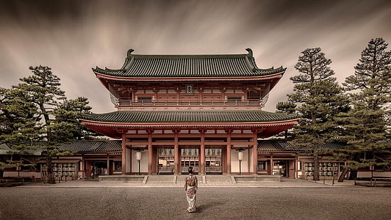 pagod, kvinna, asien, japan, kyoto, heian-helgedomen, fasad, himmel, träd, turistattraktion, helig, byggnad, historisk, tempel, arkitektur, helgedom, shinto-helgedom, landmärke, japansk arkitektur, HD tapet HD wallpaper