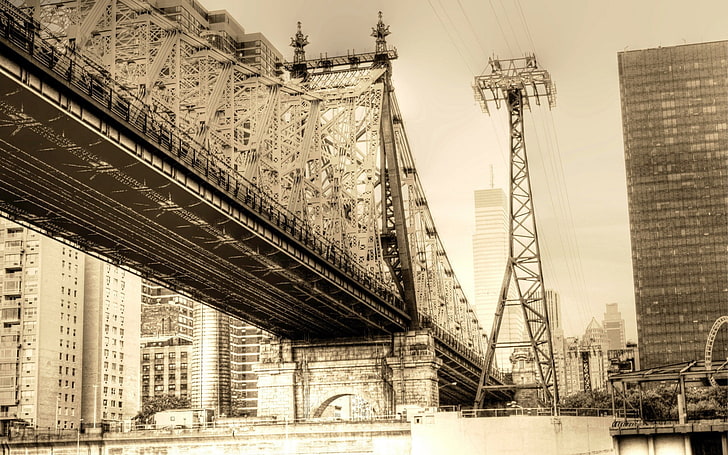 siyah ve beyaz beton bina, köprü, bina, bağbozumu, sepya, New York City, HD masaüstü duvar kağıdı