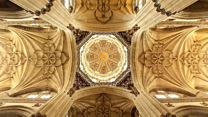 plafond, cathédrale, bâtiment, architecture gothique, cambre, voûte, symétrie, dôme, Espagne, cathédrale de Salamanque, Salamanque, Fond d'écran HD