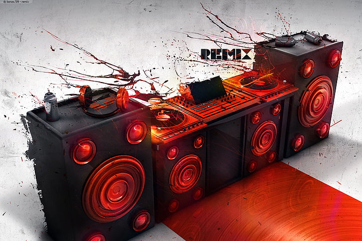 DJ controller on top of PA speaker digital wallpaper, music, CGI, render, digital art, technology, HD wallpaper