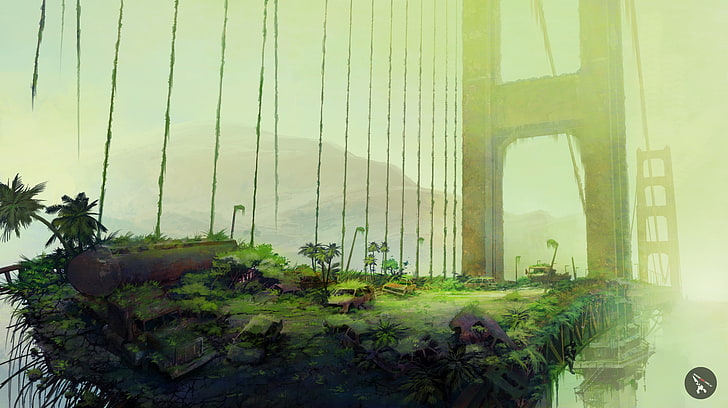 Golden State Bridge con ilustración de hierba verde, Golden Gate Bridge, ilustraciones, apocalíptico, futurista, naturaleza, bosque, verde, camión, distópico, Fondo de pantalla HD
