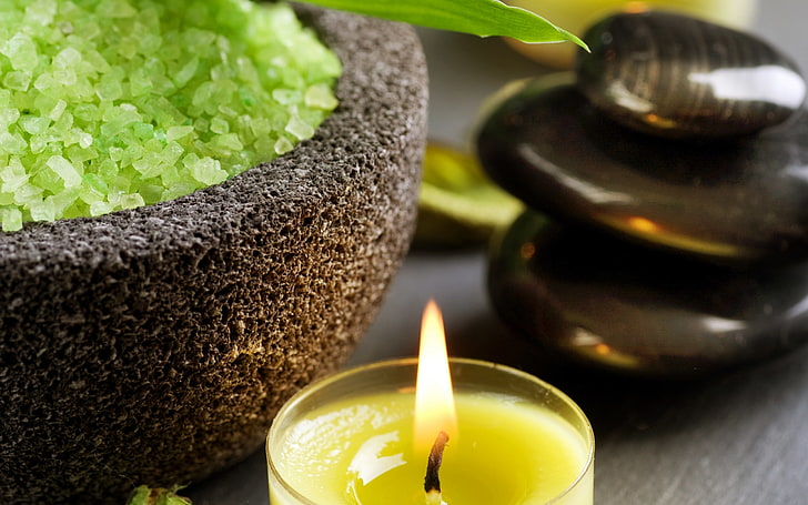 yellow scented candle, stones, fire, flame, green, candle, bowl, crystals, Spa, crystal, salt, gentle mood, Tender spirit, HD wallpaper