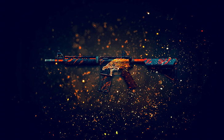 ภาพตัดปะปืนไรเฟิลจู่โจมสีน้ำเงินส้มและแดง Counter-Strike: Global Offensive, M4A4, วอลล์เปเปอร์ HD