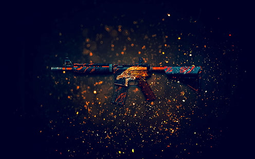 niebieski, pomarańczowy i czerwony karabin szturmowy, Counter-Strike: Global Offensive, M4A4, Tapety HD HD wallpaper