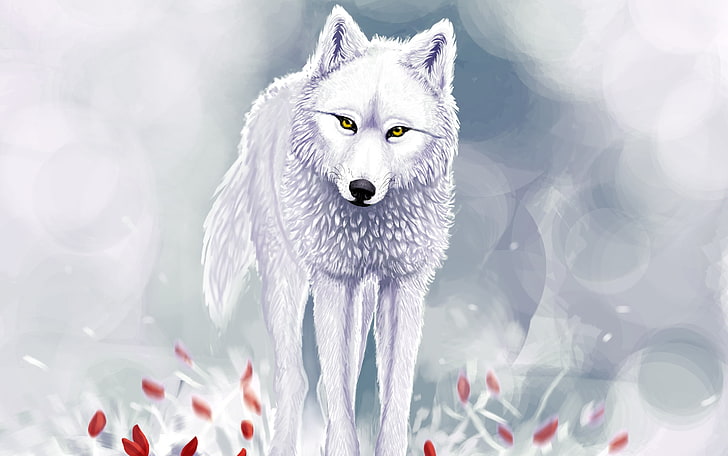 white and gray wolf illustration, winter, snow, red flowers, White wolf, HD wallpaper