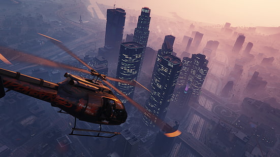 black helicopter digital wallpaper, grand theft auto v, gta 5, helicopter, sky, building, HD wallpaper HD wallpaper