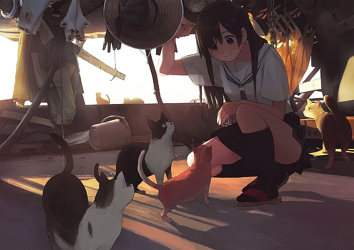 anime girls, cat, animals, artwork, schoolgirl, HD wallpaper