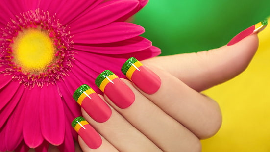 разноцветные, цветы, руки, пальцы, длинные ногти, глубина резкости, розовые ногти, блестящие, лепестки, акриловые ногти, ухоженные ногти, HD обои HD wallpaper
