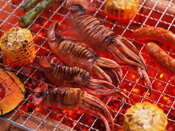 grilled squids and sausages, seafood, roast, barbecue, HD wallpaper