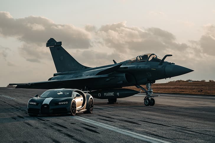 coche, avión, avión, caza a reacción, Bugatti Chiron, Bugatti, Dassault Rafale, Fondo de pantalla HD