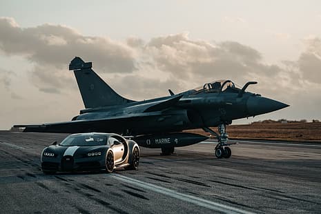 coche, avión, avión, caza a reacción, Bugatti Chiron, Bugatti, Dassault Rafale, Fondo de pantalla HD HD wallpaper