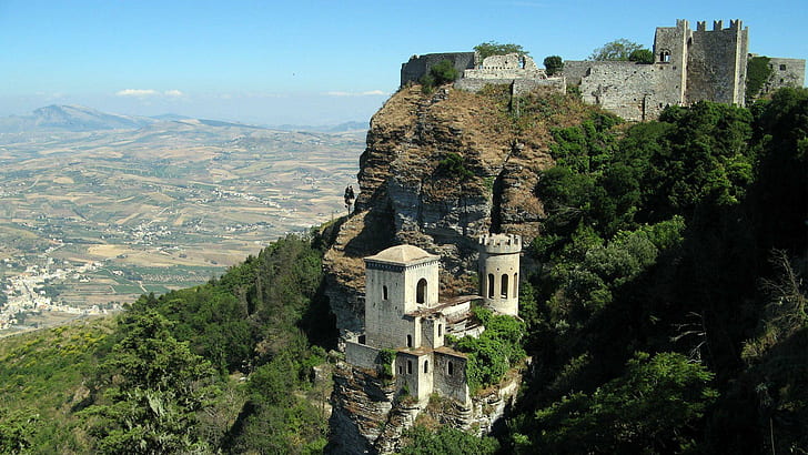 Замъкът Ериче в Сицилия Италия, планина, скала, замък, долина, руини, древни, природа и пейзажи, HD тапет