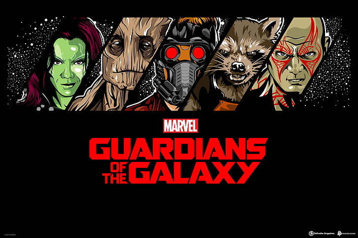 갤럭시 일러스트, 만화, 로켓, 갤럭시의 수호자, Gamora, Groot, Drax, Star Lord, HD 배경 화면