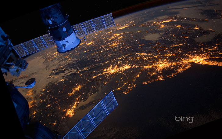 Space Station Earth Night October 13 Bing Wallpa Gray And Black Satellite Hd Wallpaper Wallpaperbetter
