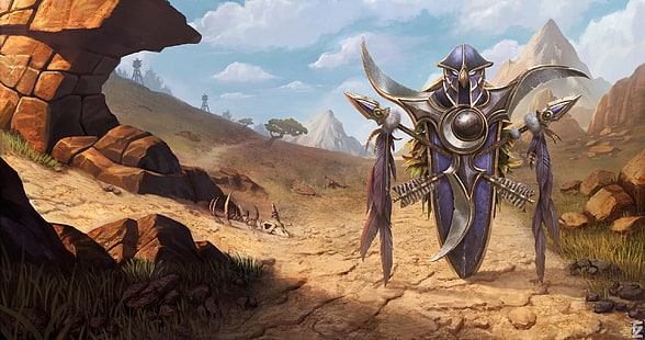 World of Warcraft, gra, pustynia, góry, broń, sztuka cyfrowa, grafika, tarcza, fantasy art, włócznie, strzały, Blizzard Entertainment, perły, szkielet, Warcraft 3 Reforged, World of Warcraft 3: Reforged, Tapety HD HD wallpaper