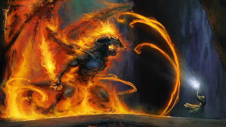 иллюстрация персонажа дракона, цифровое искусство, фэнтези-арт, дьяволы, смерть, Балрог, Властелин колец, огонь, Гэндальф, крылья, HD обои