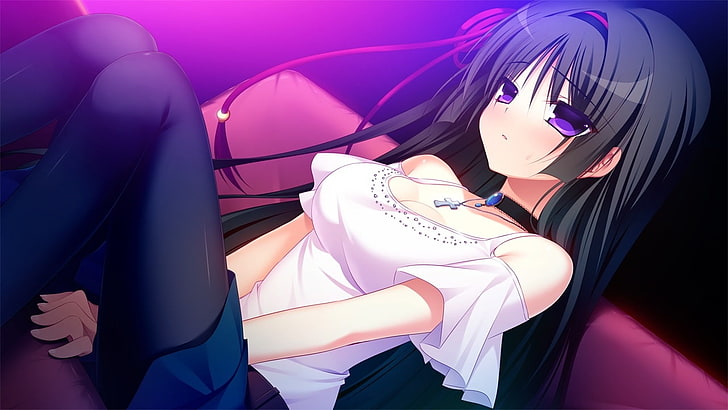 pure girl, visual novel, kuchifusa yogiri, black hair, sitting, Anime, HD wallpaper