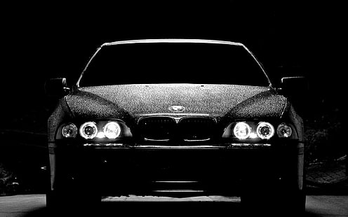 BMW vehicle grayscale photography, night, lights, the front, m5 e39, BMW, HD wallpaper HD wallpaper