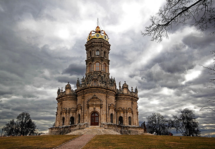 brown concrete castle, russia, church signs, dubrovicy, podolsk, clouds, HD wallpaper