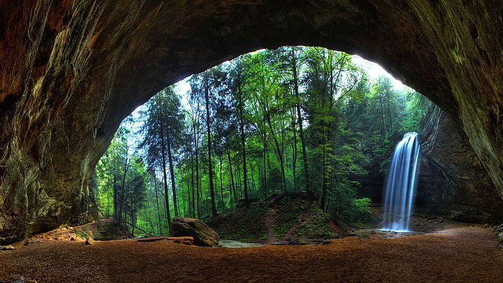cave, forest, landscape, Long Exposure, nature, rock, sand, Stones, Stream, Trees, waterfall, HD wallpaper