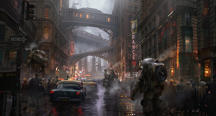 Ciencia ficción, Dieselpunk, Edificio, Coche, Ciudad, Multitud, Robot, Fondo de pantalla HD