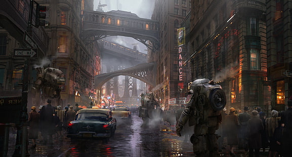 Science-Fiction, Dieselpunk, Gebäude, Auto, Stadt, Menschenmenge, Roboter, HD-Hintergrundbild HD wallpaper