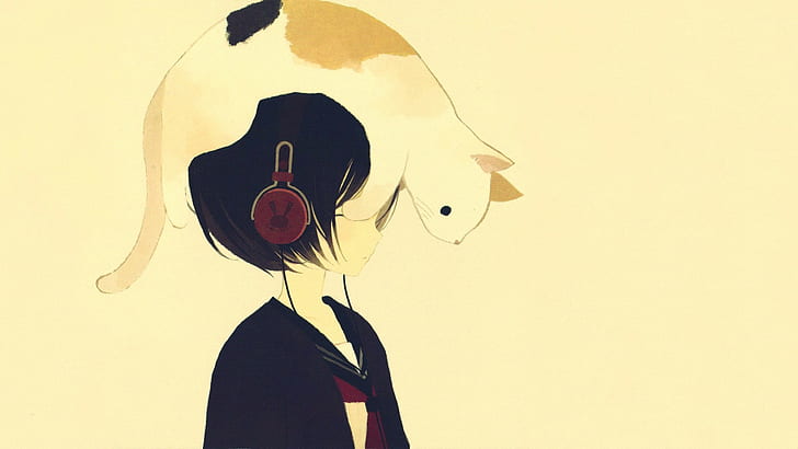hewan, headphone, kucing, gadis anime, karya seni, Wallpaper HD
