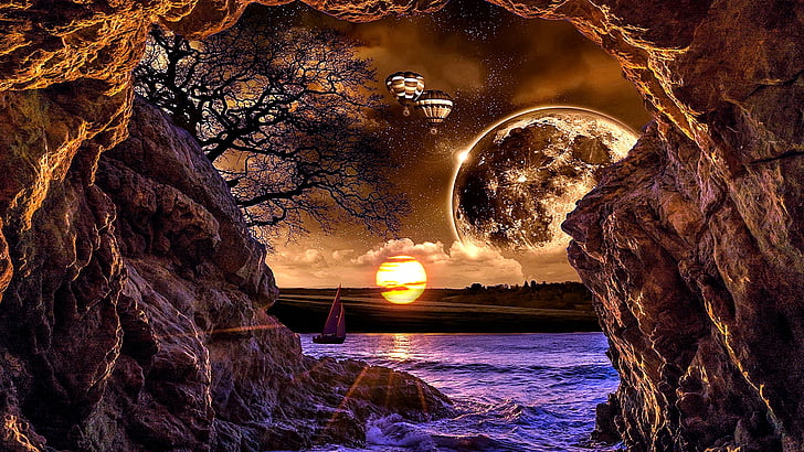 globos de aire caliente, mar, roca, luna, noche, costa, paisaje de fantasía, globo de aire caliente, arte de fantasía, globos de aire, globo de aire, Fondo de pantalla HD