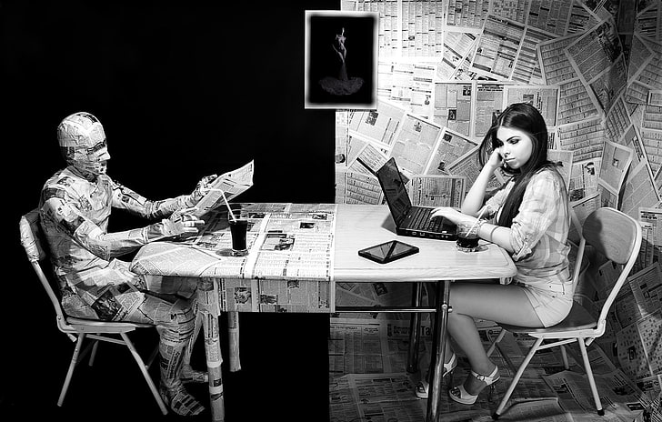 chair, females, funny, girl, girls, glass, humor, information, laptop, man, newspapers, psychedelic, table, tablet, text, women, HD wallpaper