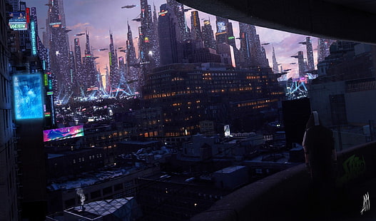 edifícios, cyberpunk, cidade futurista, futurista, paisagem urbana, ficção científica, arte digital, HD papel de parede HD wallpaper