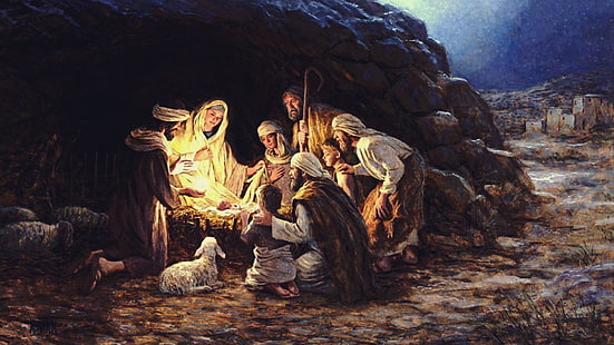 the birth of Christ digital painting, Jesus Christ, Christmas, lights, Virgin Mary, religion, painting, myth, HD wallpaper HD wallpaper
