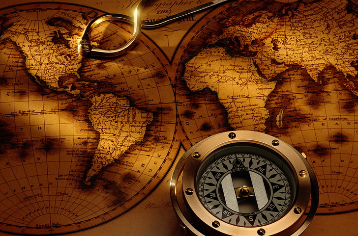 карта на света и компас, карта, компас, антични, HD тапет
