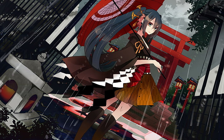 женски герой, притежаващ чадър дигитален тапет, Hatsune Miku, Vocaloid, чадър, дъжд, двойни опашки, HD тапет