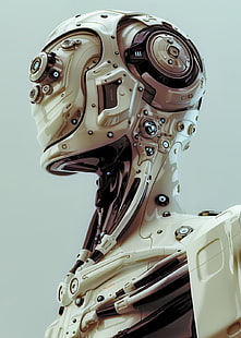 бежевая и черная голова робота цифровые обои, цифровое искусство, голова, портрет, робот, технология, провода, простой фон, компьютерная графика, футуристический, HD обои HD wallpaper