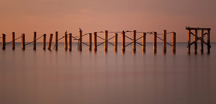 posts on body of water, newport, newport, last days, Newport, Fishing Pier, Pier Park, posts, body of water, amanecer, beach, canon, florida, miami, muelle, playa, sunny isles, sunrise, usa, nd filter, Zeiss Makro-Planar, T* 2, Architecture, sunset, sea, silhouette, HD wallpaper