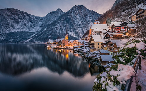 町、ハルシュタット、オーストリア、湖、山、町、冬、 HDデスクトップの壁紙 HD wallpaper
