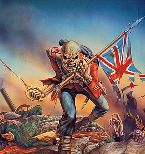 crâne tenant le papier peint du drapeau, musique métal, Eddie, drapeau, guerre, Iron Maiden, mascotte du groupe, Fond d'écran HD HD wallpaper